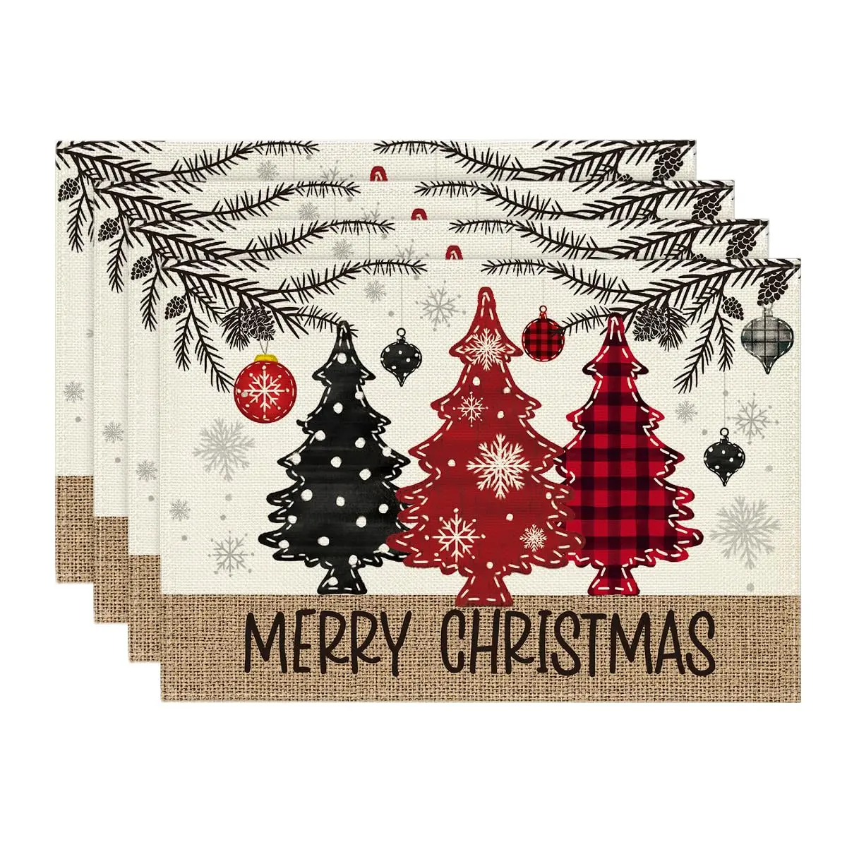 

Merry Christmas Placemats, Red Pine Trees, Balls, Xmas Table Mats, Kitchen Party,Dining Decoration, Set of 4, 12x18 Inch, Winter