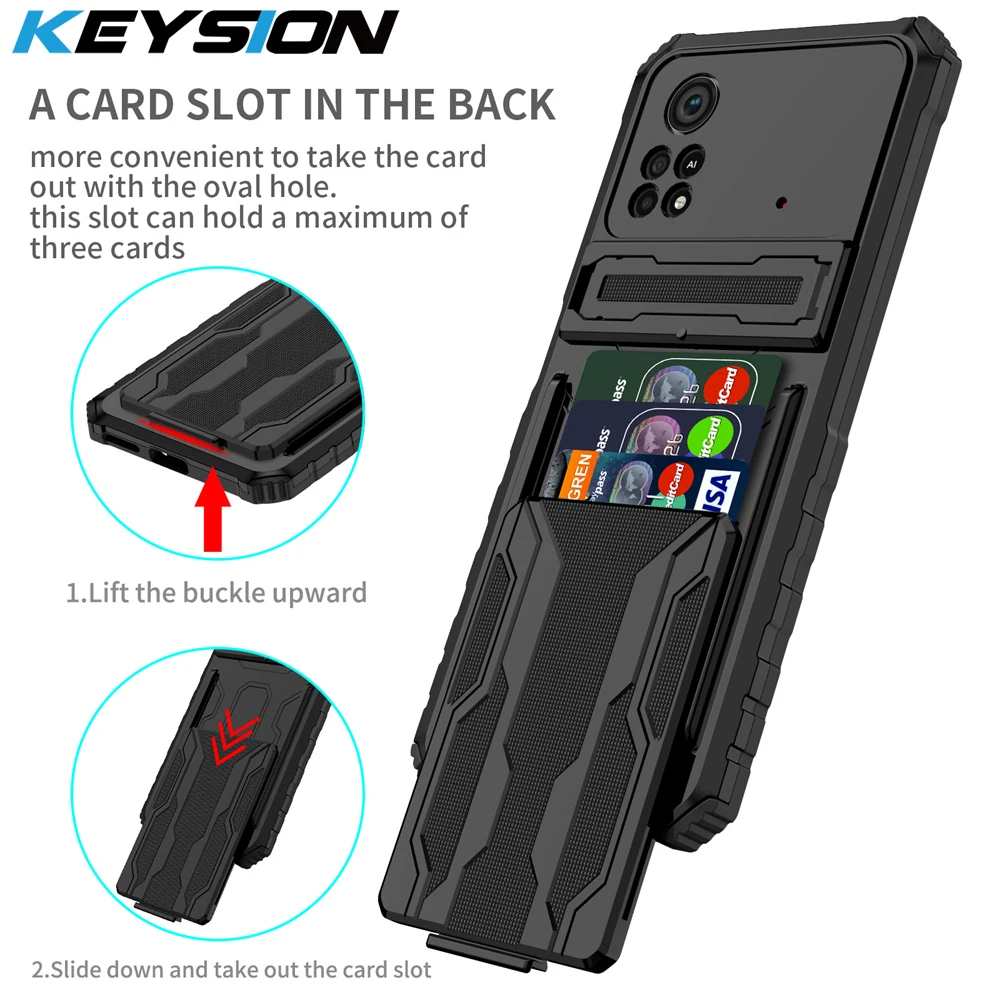 KEYSION Shockproof Case for POCO X4 Pro 5G Card Pocket Slot Bag Stand Camera Protection Phone Cover for Xiaomi POCO M4 P_voghion.com