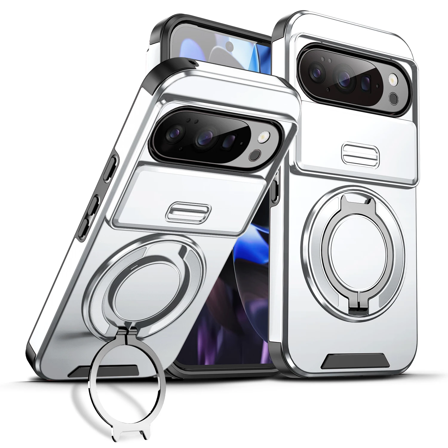 360° Rotating Finger Ring Bracket Heavy Slide Camera Case with Magnetic Wireless Charging Compatibility