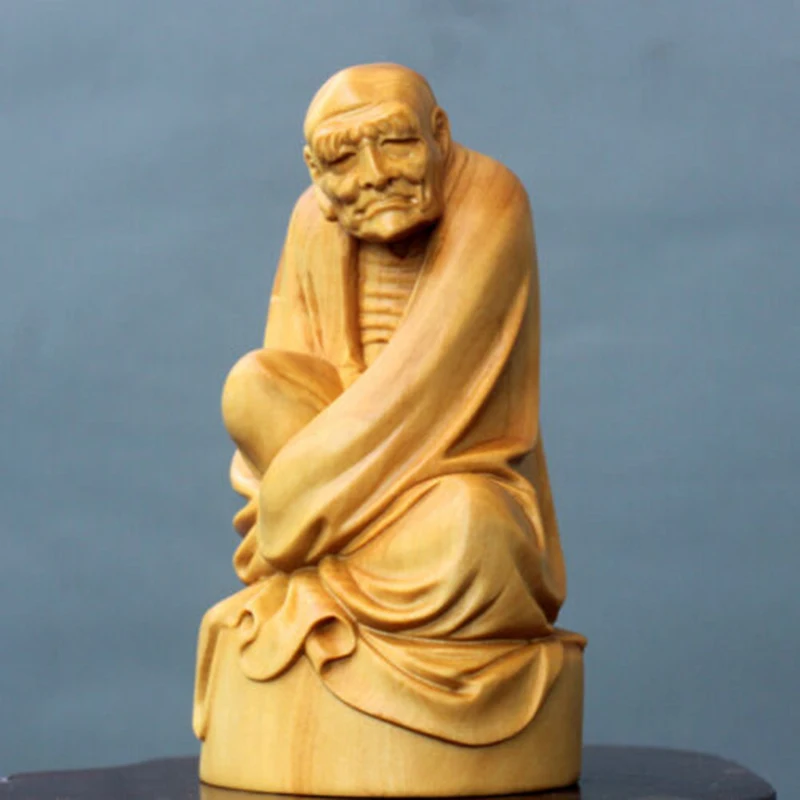 

ZY008ca: 9.5x 5.1 x 4.7 cm Boxwood Figurine Carving: Damo Monk Thinking