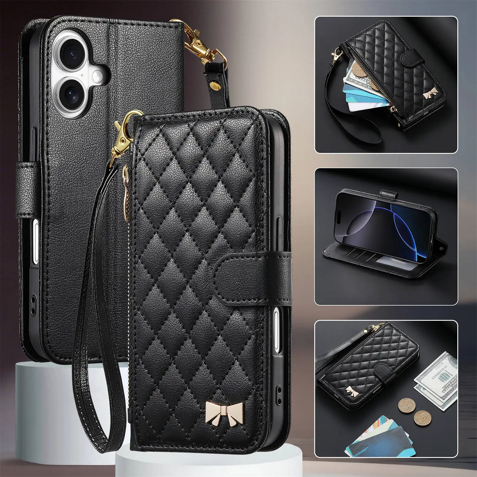 Grid Pattern Leather Flip Case with Crossbody Strap and 3 Card Slots Wallet Cover