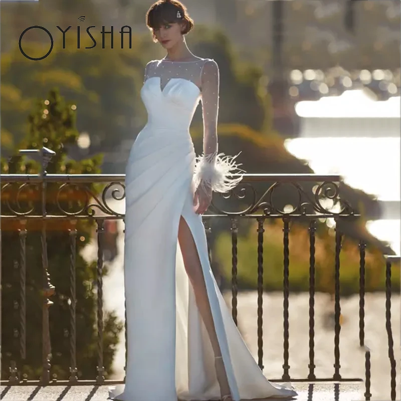 

OYISHA Simple Pleated Satin Wedding Dress Elegant High Slit Illusion Back Bridal Gown Long Sleeve O-Neck Sequined Robe De Mariée