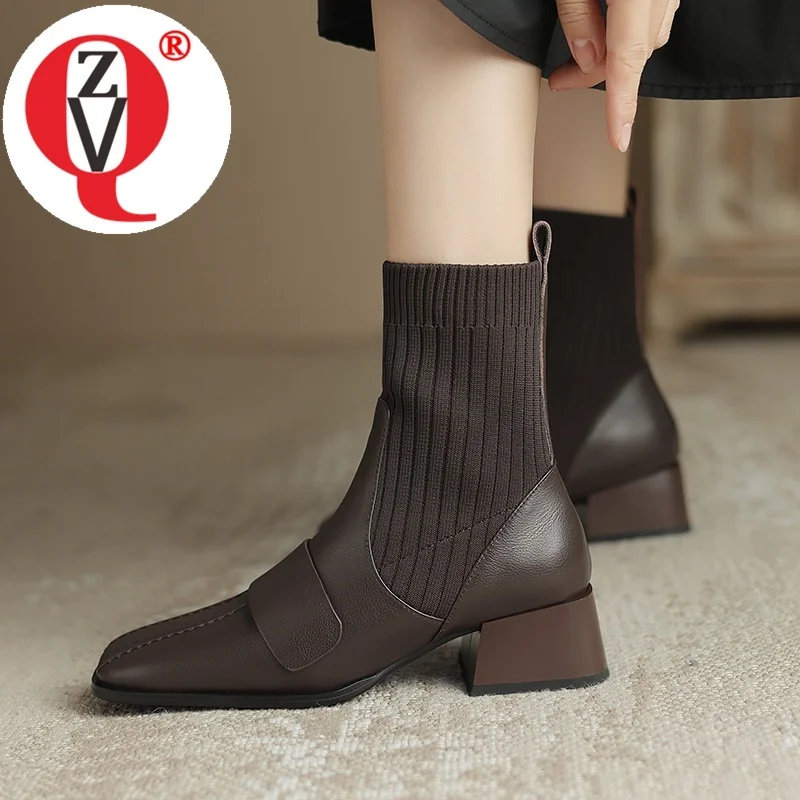 

ZVQ New Fashion Slip-On Ankle Boots Genuine Leather Upper Thick Heel Shoes Woman Winter New Style Office Ladies Dress Booties