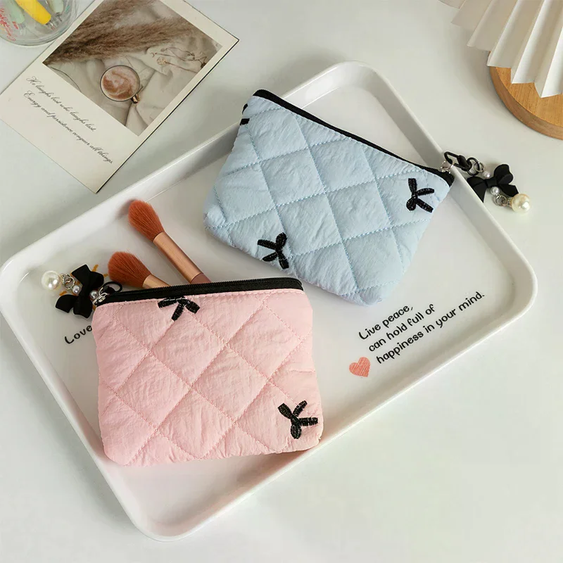 Bow Quilted Coin Purse Wallet Lipstick Storage Bag Earphone Data Cable Storage Bag Mini Women's Cosmetic Storage Bag