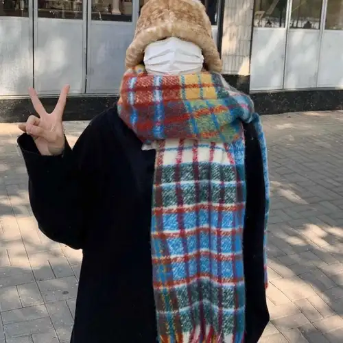 Retro Tassel Plaid Wool Scarf Plush Cashmere Shawl Winter Cashmere Scarves Solid Color Rainbow Color Cape Wraps Women/Men - Image 4