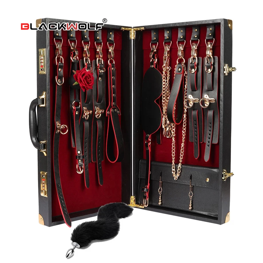 Luxury Genuine leather BDSM Kits Bed Bondage Set Restraint Handcuffs ...