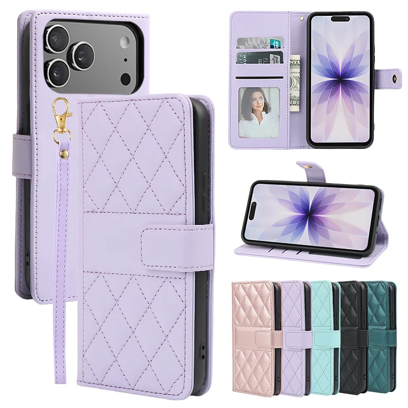 Elegant Solid Color Flip Wallet Leather Case with Lanyard and Back Cover