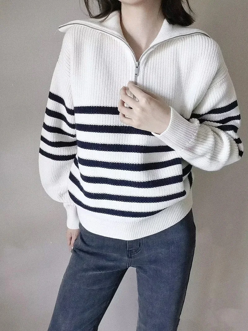 Women Striped Chunky Quarter Zip Collared Knit Sweater Jumper