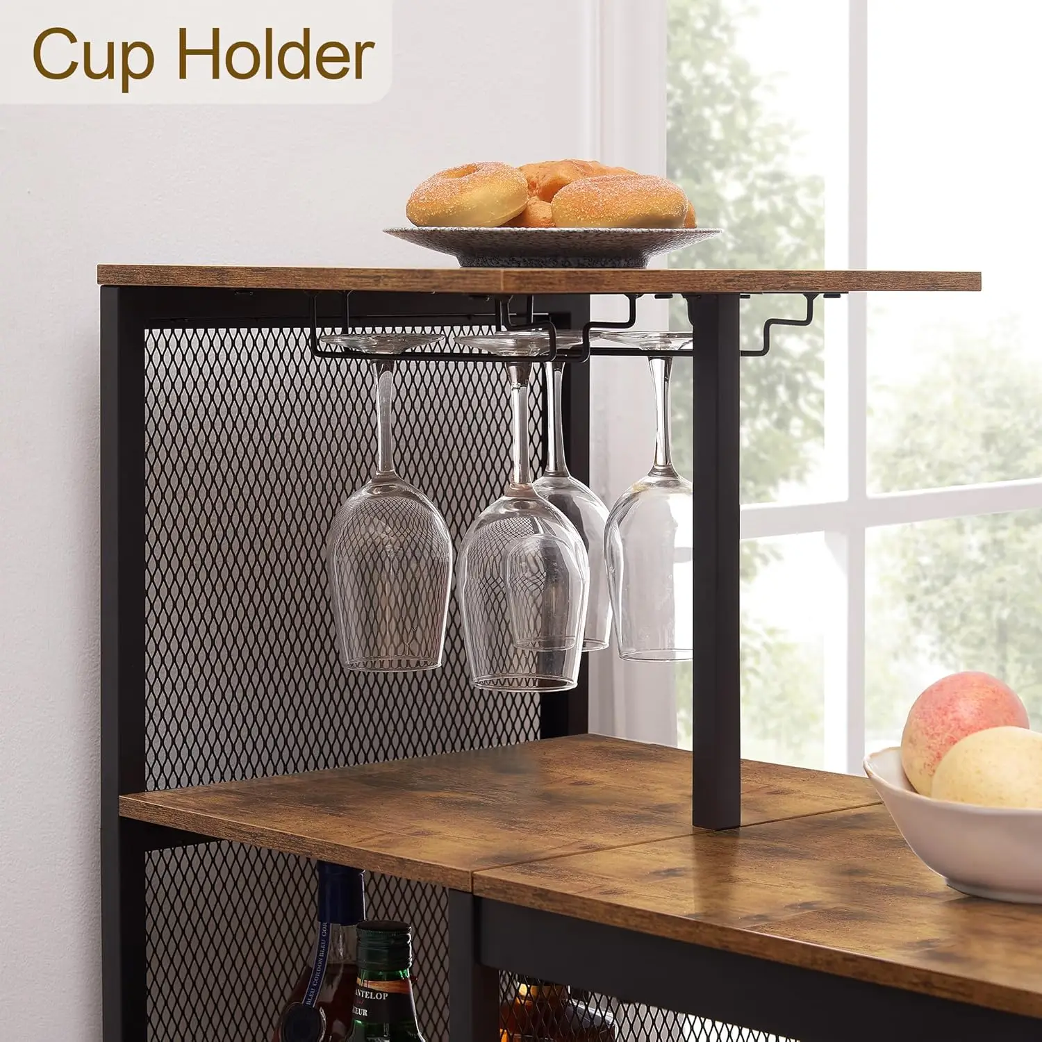 Bar Table and Chairs Set for 2, Tall Kitchen Counter Dining with Storage Shelves, Cup Holder & Wine Rack, PU Leather Cush