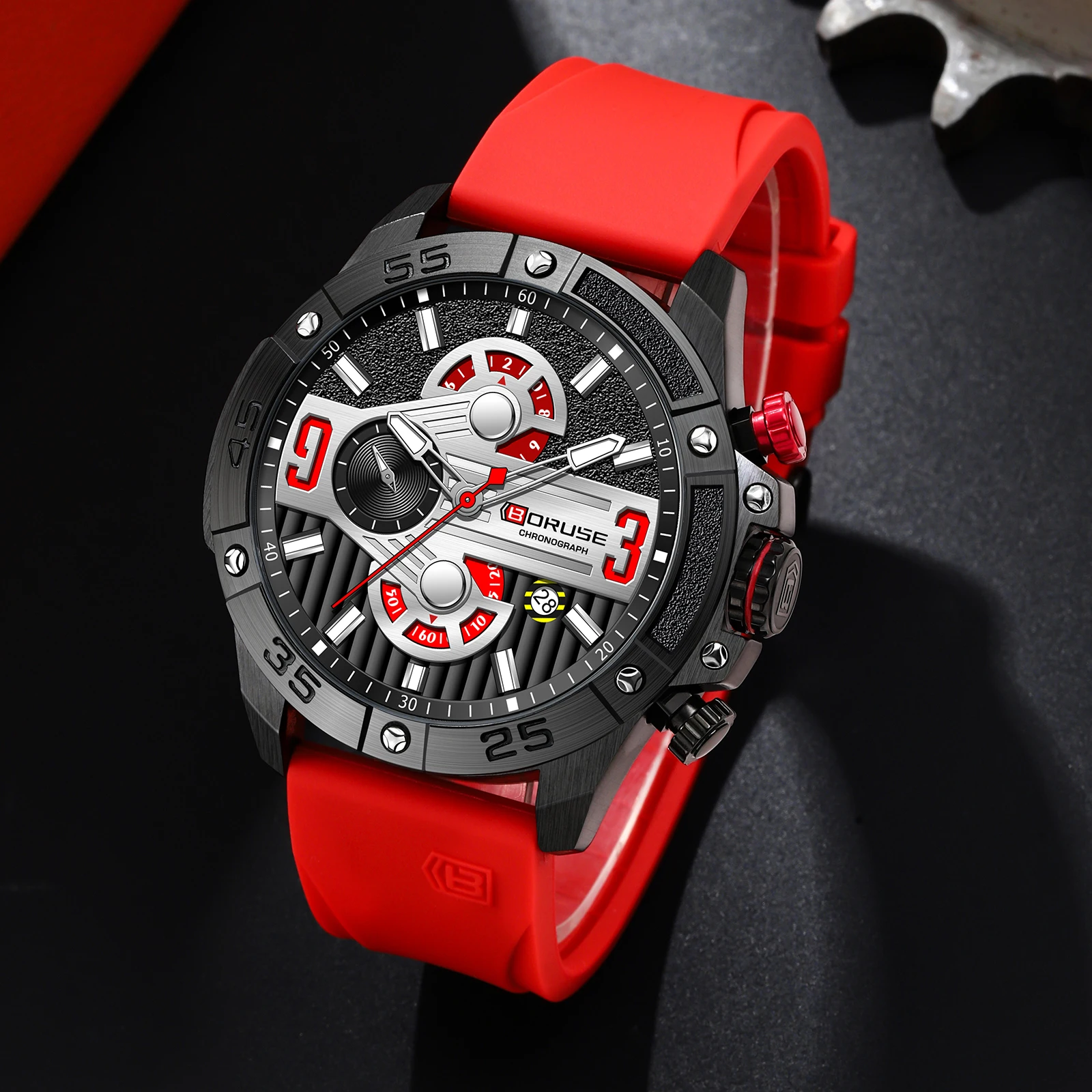BORUSE Men Sport Silicone Quartz Wristwatch Chronograph Military Mens Watches Waterproof Luminous Date Clock Watch for Men
