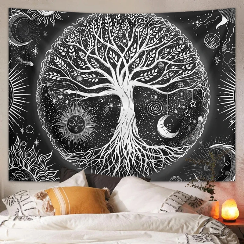 1 Stück Baum des Lebens Wandteppich Wandbehang, ästhetische Galaxie Sonne Mond Sternenhimmel Wandteppich, Zuhause Wohnzimmer Schlafzimmer Dekoration – Detail 22