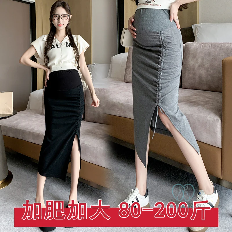 2024 Spring Summer Maternity Pencil Skirts Side Splits Drawstring Hot Clothes for Pregnant Women Waist Support Pregnancy 3XL 4XL