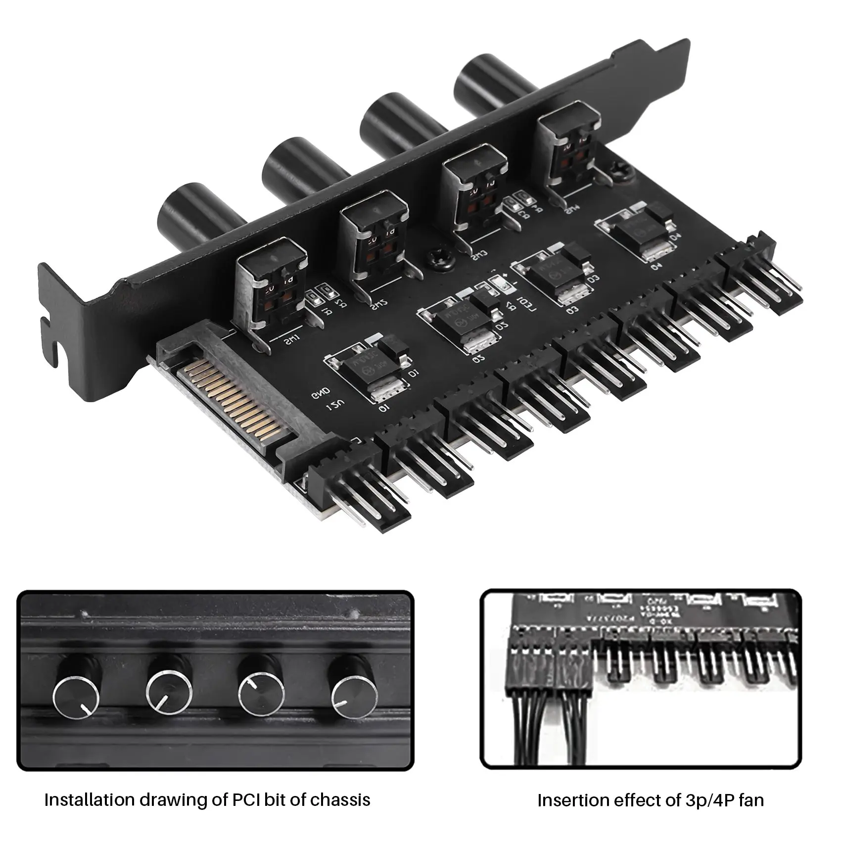 

Pc 8 Channels Fan Hub 4 Knob Cooling Fan Speed Controller For Cpu Case Hdd Vga Pwm Fan Pci Bracket Power By 12V Fan Control