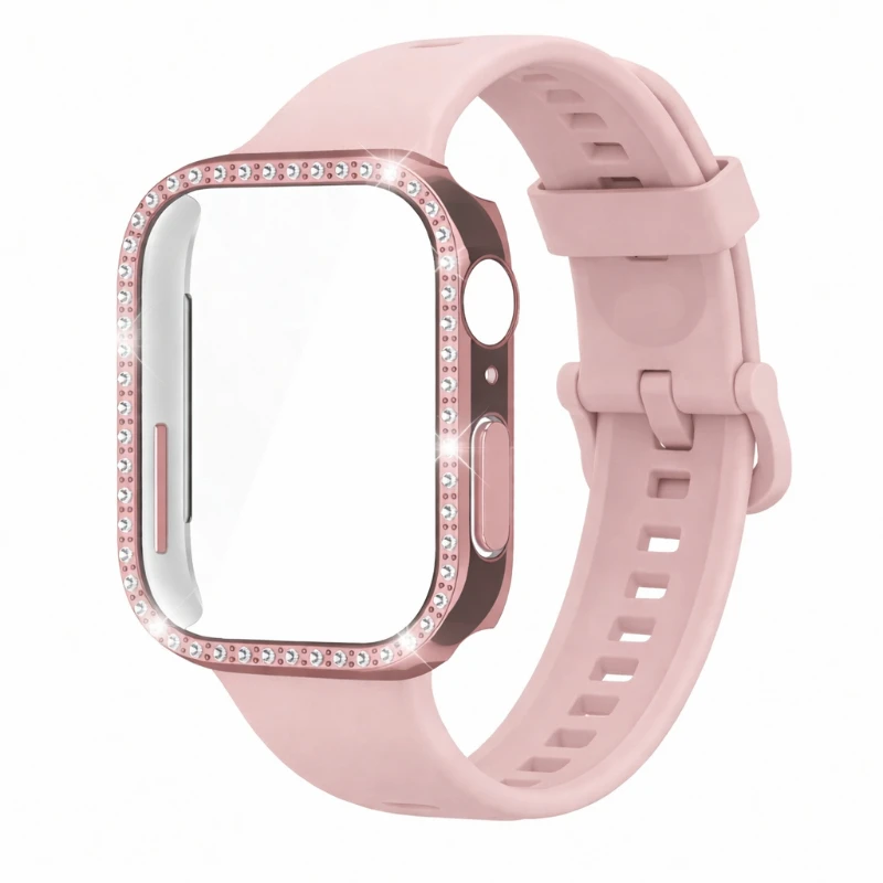 Elegant Silicone Strap with Sparkling Diamond Case - Fashion Sports Bracelet & Protective Cover
