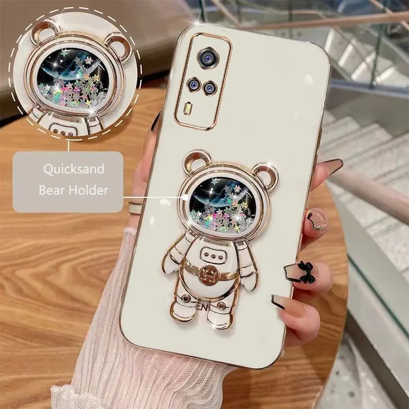 Phone Case For Vivo Y53S 4G Y51 Y31 2020 Soft Silicone Luxury Plating Cartoon Bear Fold Stand Phone Case Cover