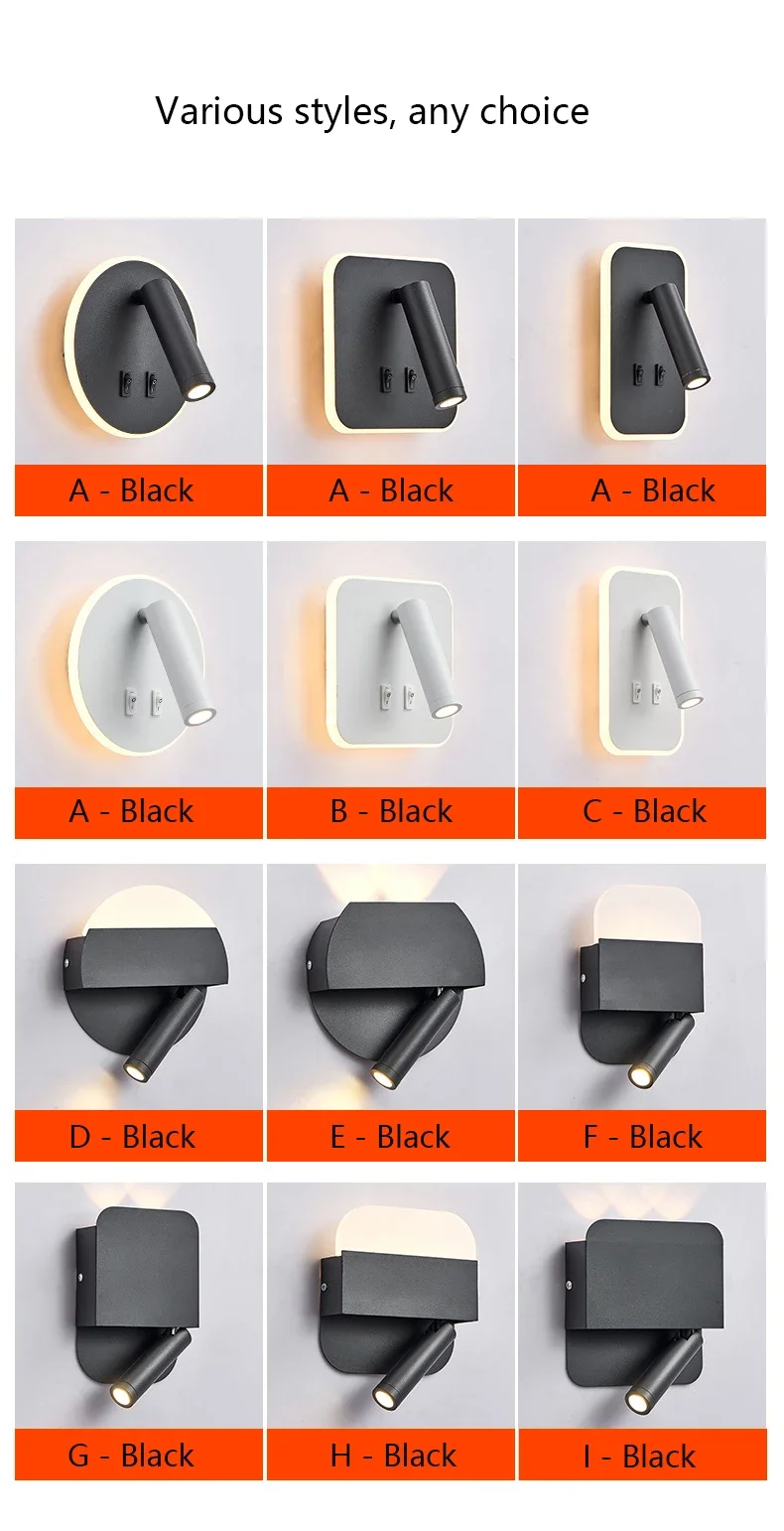 Modern Minimalist Led Wall Lamp USB Charging Indoor Bedroom Lamp Hotel Bedside Reading Lamp Wall Lights Sconce Switch AC 90~240V 3