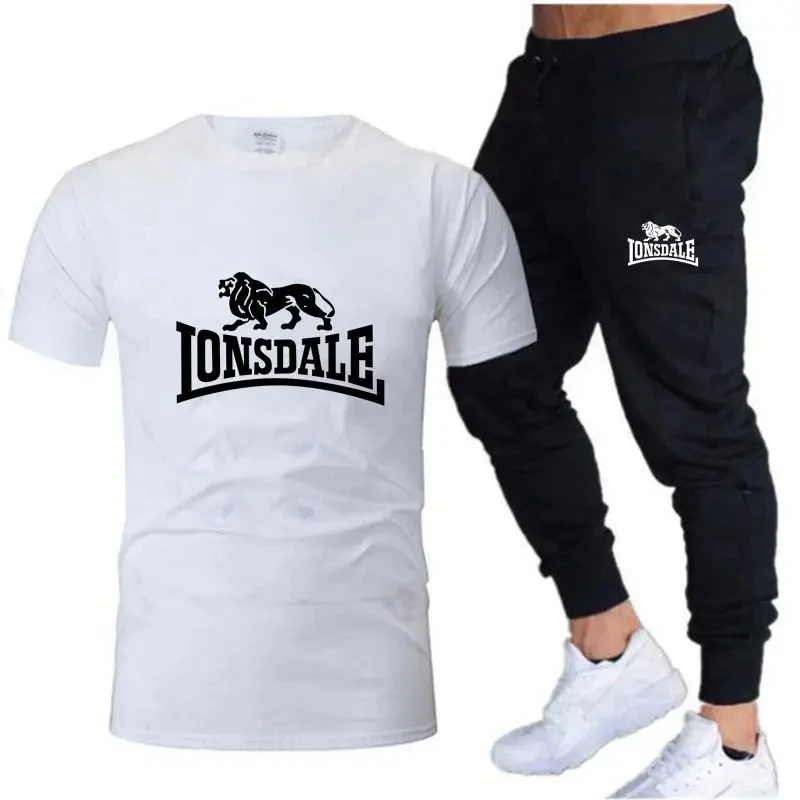 Sports Set Sports Suit Men T-shirt Set Printed T-shirt Long Pants 2-piece