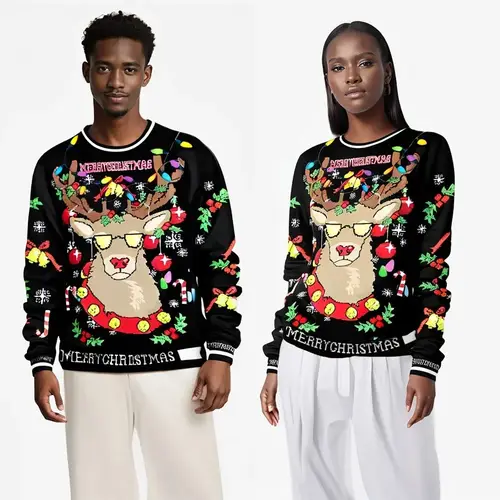 Men Women Llama Ugly Christmas Sweatshirt 3D Funny Print New Year Eve Xmas Sweater Couples Pullover Holiday Party Jumper Tops - Image 4