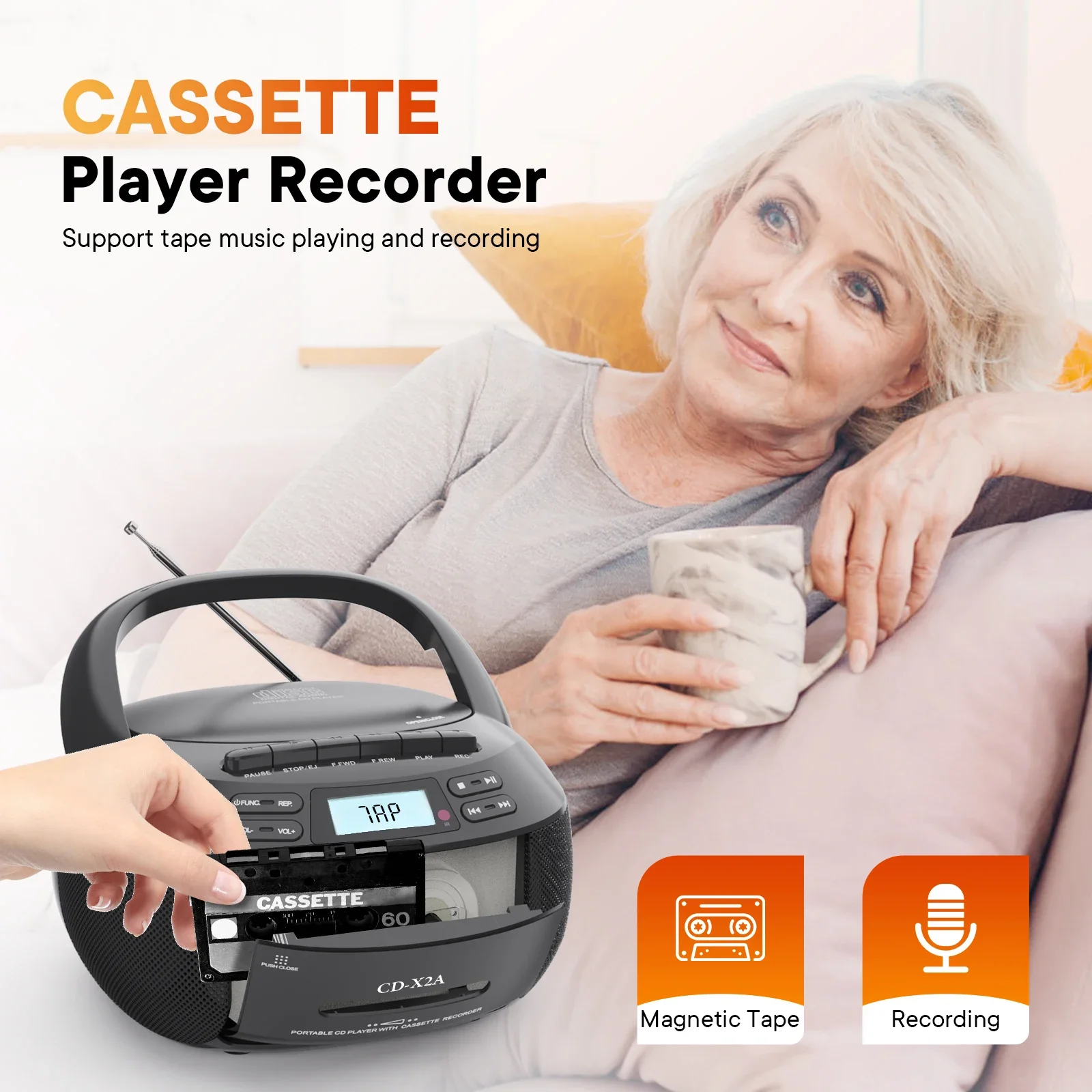 CD player boomox cassette player combo with Bluetooth AM FM radio plays AUX USB MP3 with remote control AC DC powered