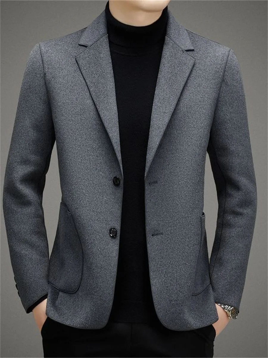 Chic Men's Wool Suit Jackets 2023 Autumn Winter New Khaki Black Business Casual Single-Breasted Coats Simple Fashion Male Blazer