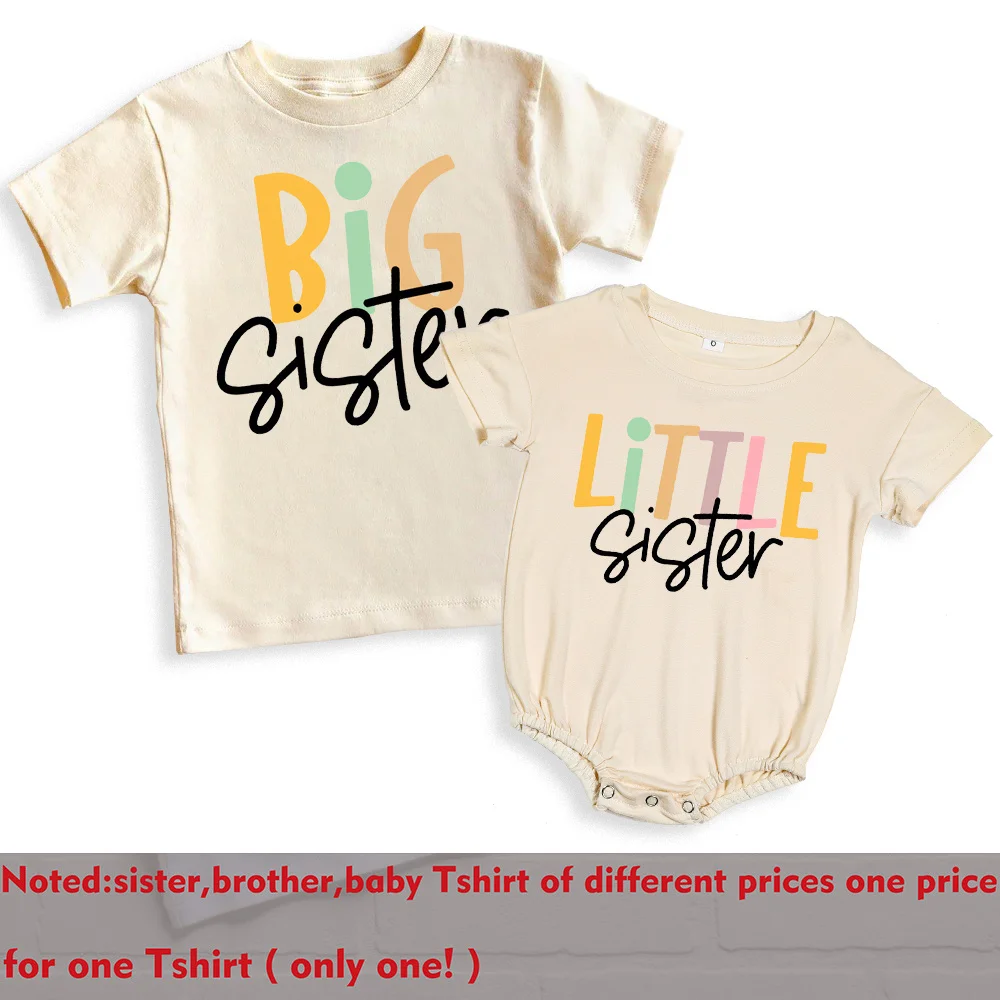 Big Brother Little Sister Print Family Matching Outfit Shirt Retro Sibling Tops Brother Sister T-shirt Baby Large Bubble Romper 4
