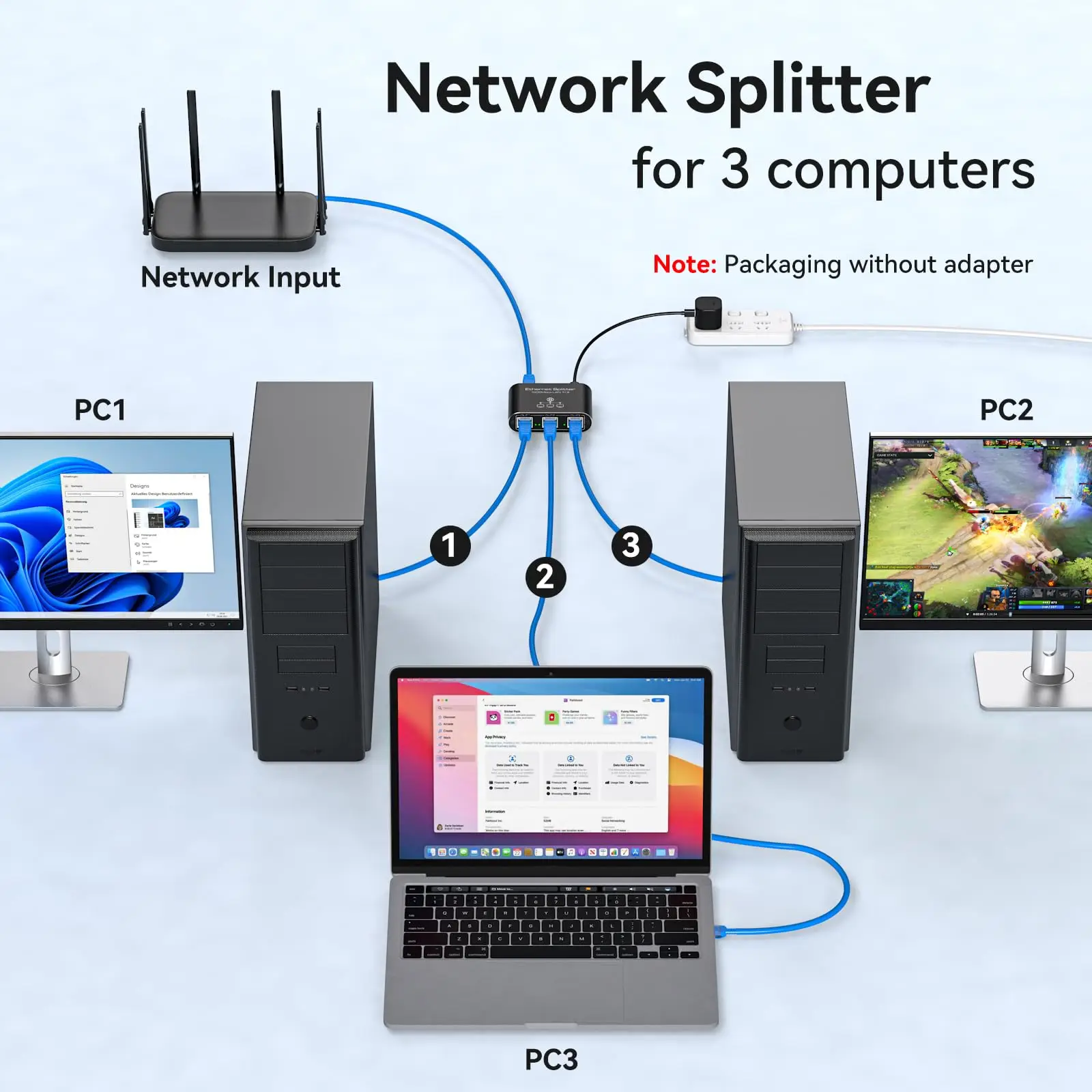 LAN Switch 1 to 3 1000 Mbps LAN Splitter Aluminium Network Switch LAN Splitter Gigabit Ethernet Switch with USB-C Power Cable