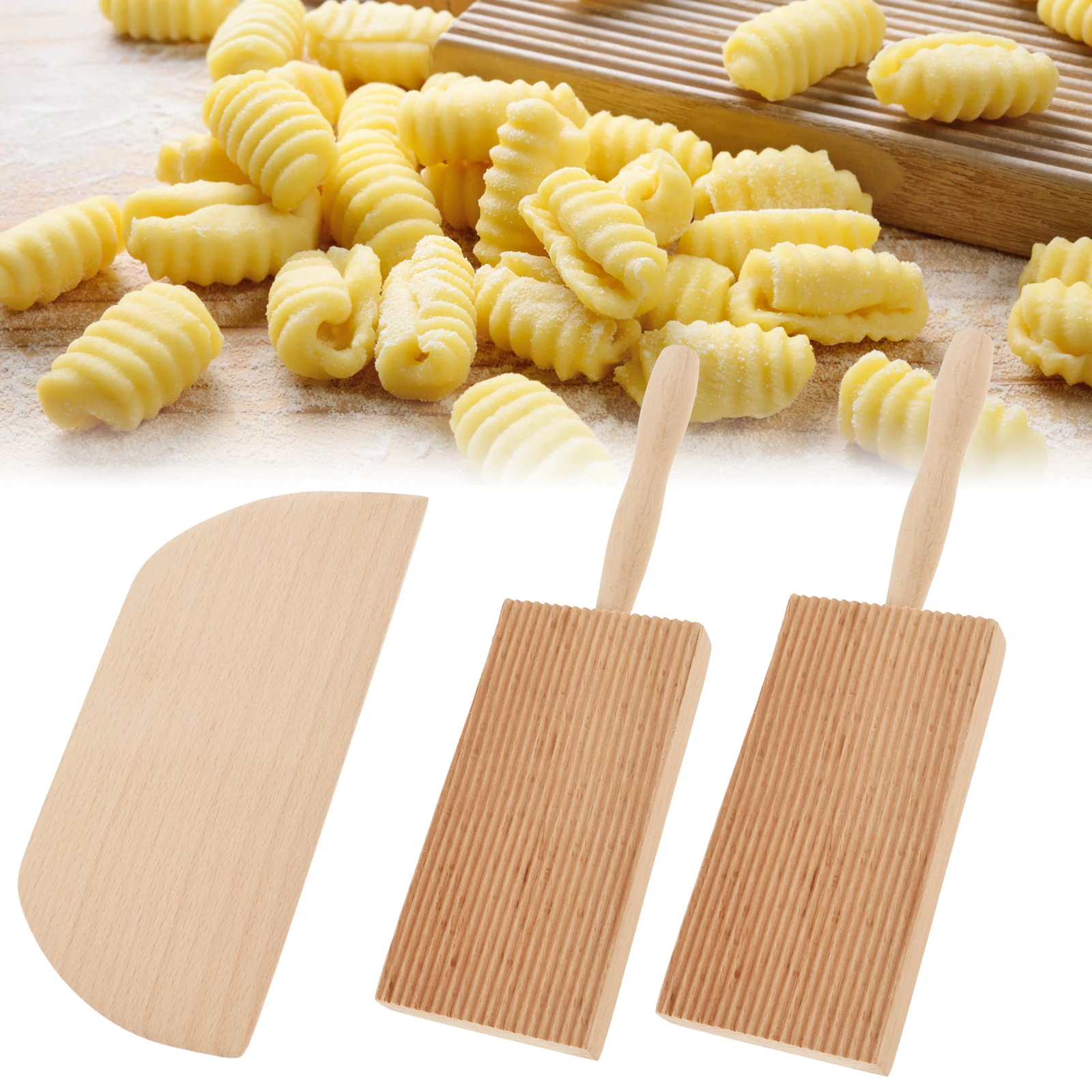 2Pcs Gnocchi Board Set 4.7inch Beech Wood Pasta Board with Dough Scraper Reusable Gnocchi Paddle Pasta Making Tools Portable