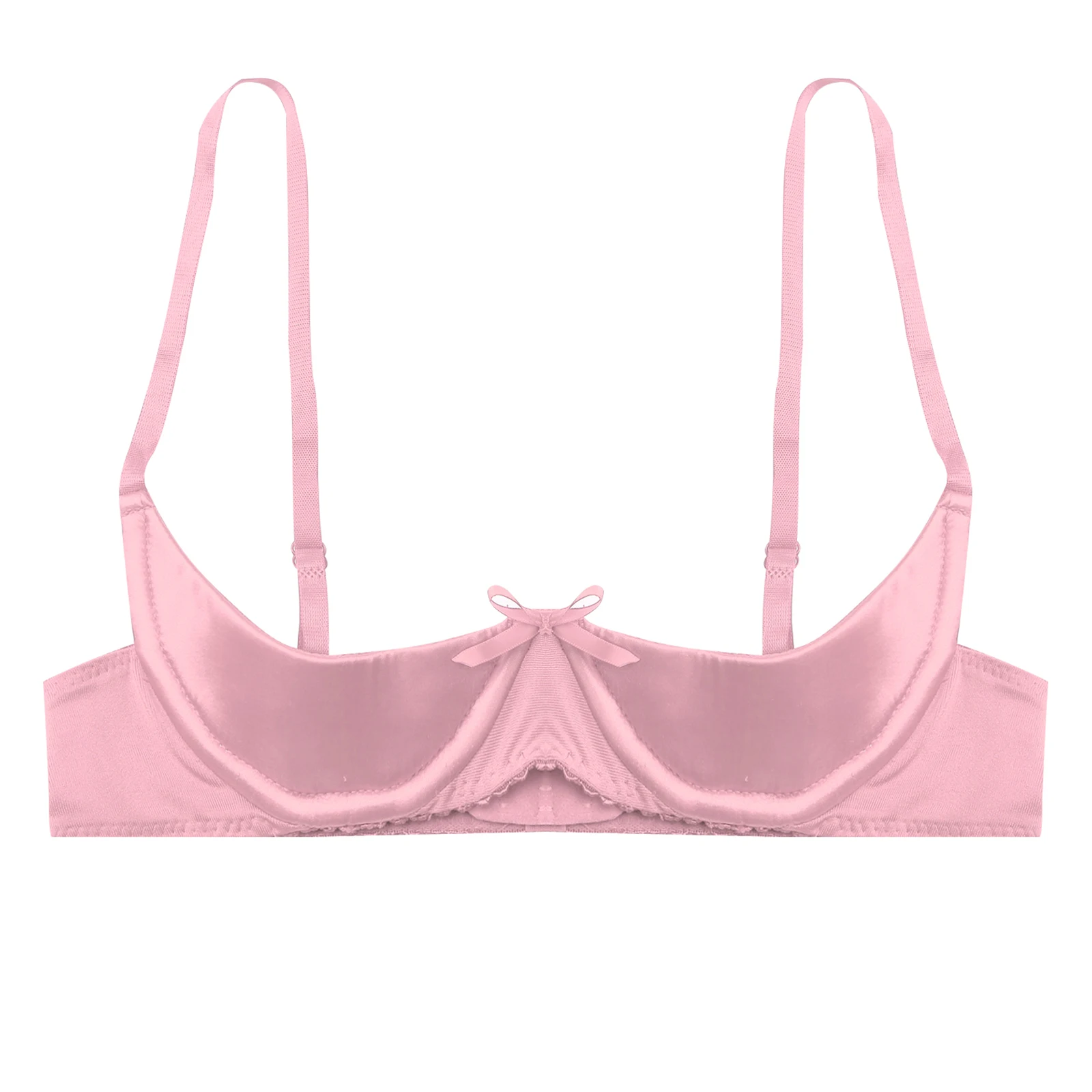 Women Bra Satin Underwire Half Cup Bow Push Up Balconette Adjustable Spaghetti Straps