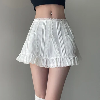 Y2k 귀여운 A 라인 미니 스커트, 느슨한 레이스 패치워크, 솔리드 화이트 기본 스커트, 여성 의상, Y2k 미적인 의류, 스트리트웨어