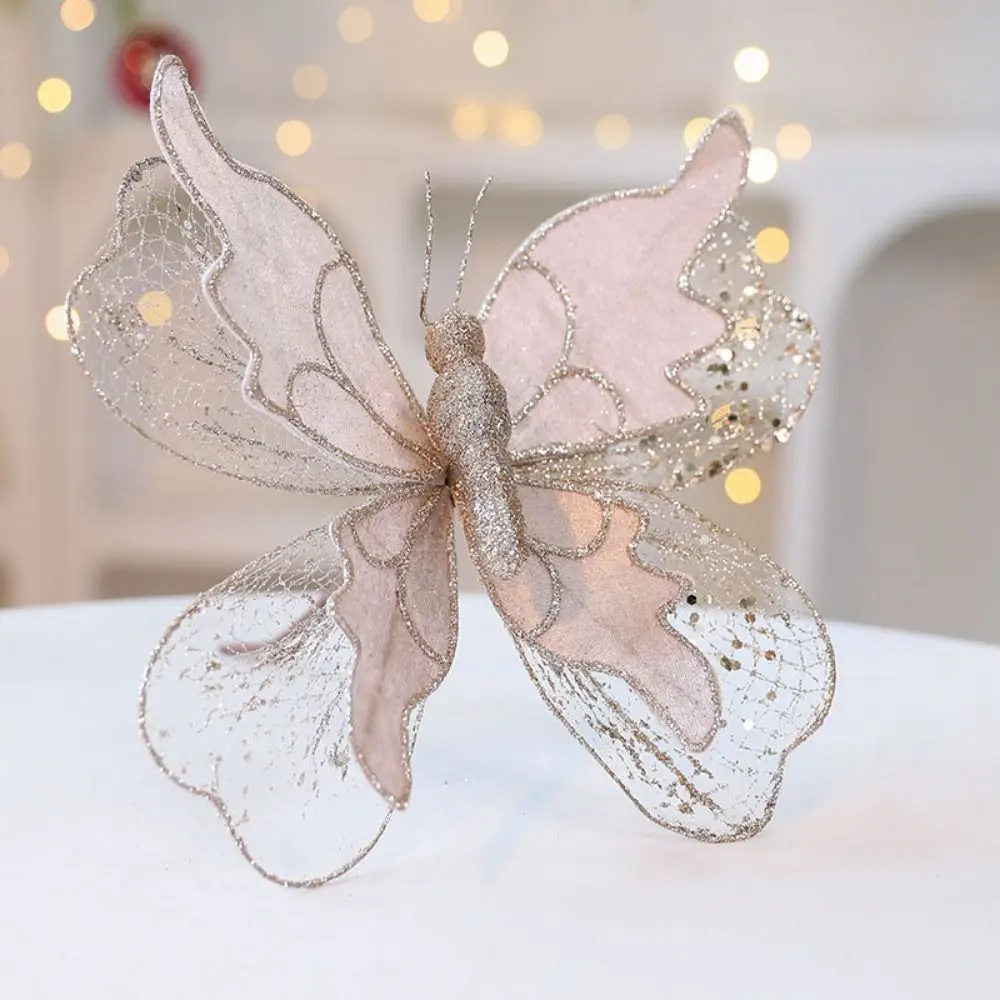 20cm Christmas Butterfly Ornament Fabric Glittered 3D Butterfly Decoration Realistic Decorative Christmas Tree Decorations