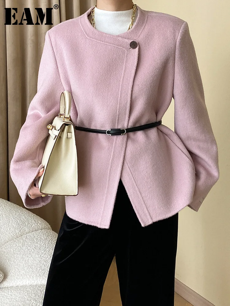 

[EAM] Beige Big Size Single Button Woolen Coat New Round Neck Long Sleeve Women Jacket Fashion Tide Autumn Winter 2023 1DH1651