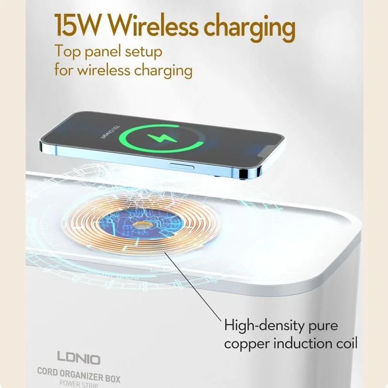 LDNIO 박스 포함 EU 멀티탭, 15W 무선 충전기 스테이션, 5 AC 3 USB 콘센트, 2M 익스텐션 코드, 전기 소켓 네트워크 필터