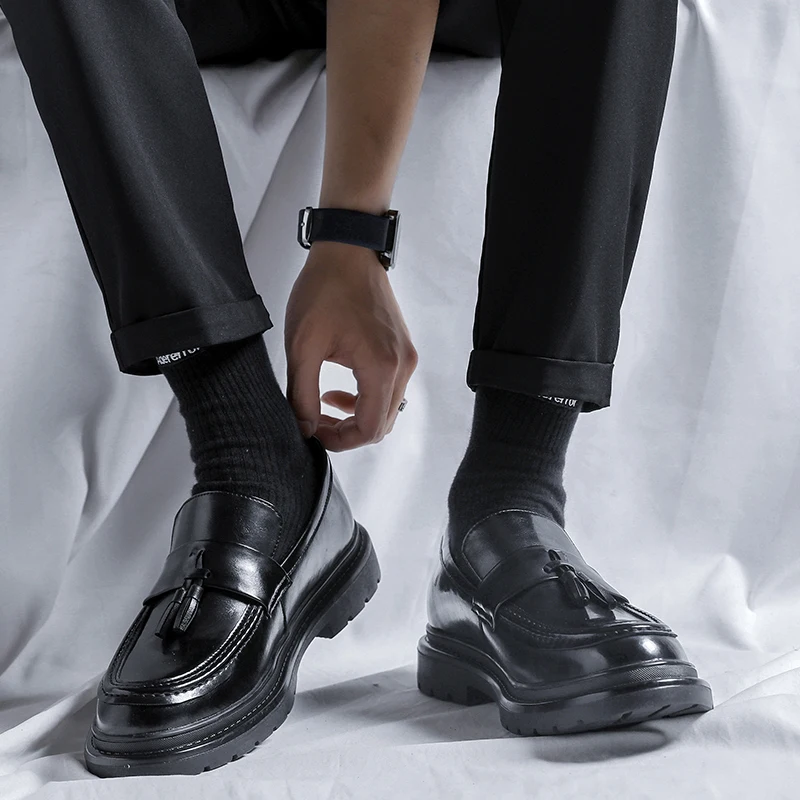 STRONGSHEN Men Tassel Casual Leather Shoes Mens Handmade Mocassin Loafers Brand Luxury Fashion Tassel Platform Business Shoes leather shoes