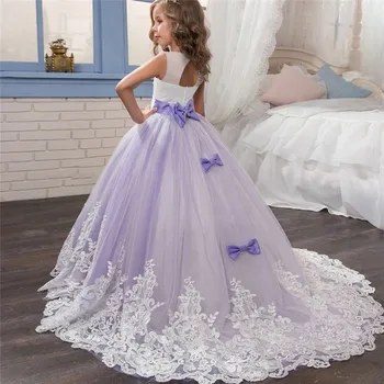 A.Girls' Color-Block Lace Puffy Wedding Flower Girl Princess Dress 1