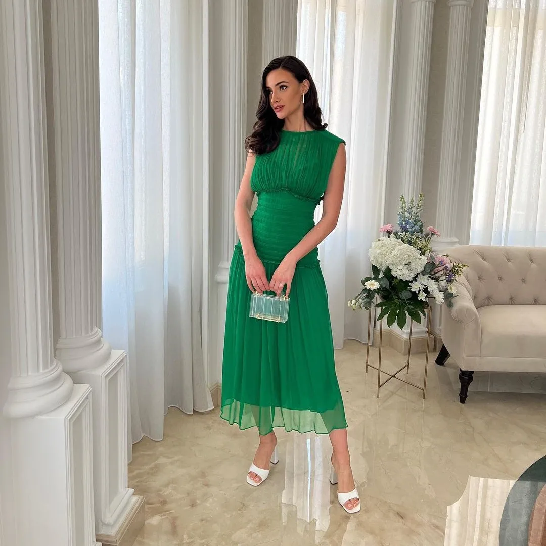 

VENUS Bright Green O-neck Vertical Pleated Prom Dress Tea Length Sleeveless Belt Saudi Arabia Evening فساتين نسائيه سهره فخمه