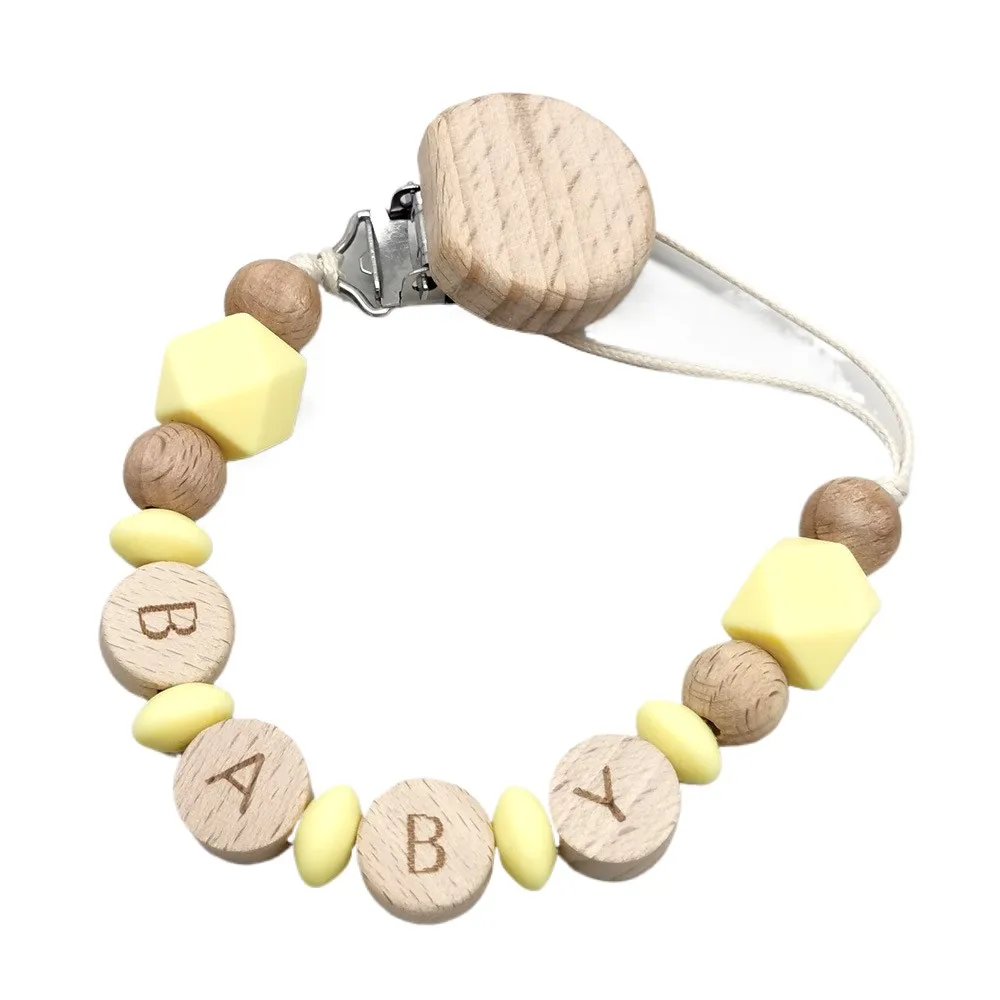 Baby Personalized Name Wooden & Silicone Beads Pacifier Clip, BPA-Free Dummy Holder Leash, Teething Pacifier Chain