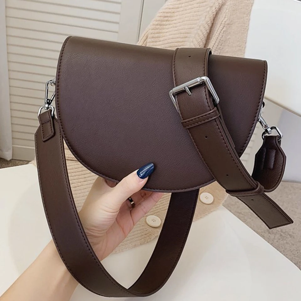 Retro Solid Color Saddle Bag High Quality Leather Shoulder Bags For