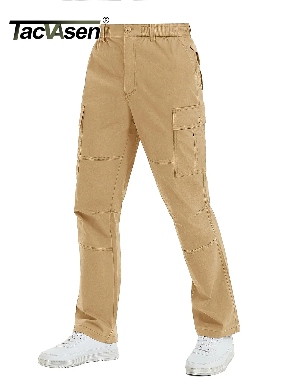 TACVASEN97CottonFashionWorkCargoPantsMensElasticWaistEasyFit