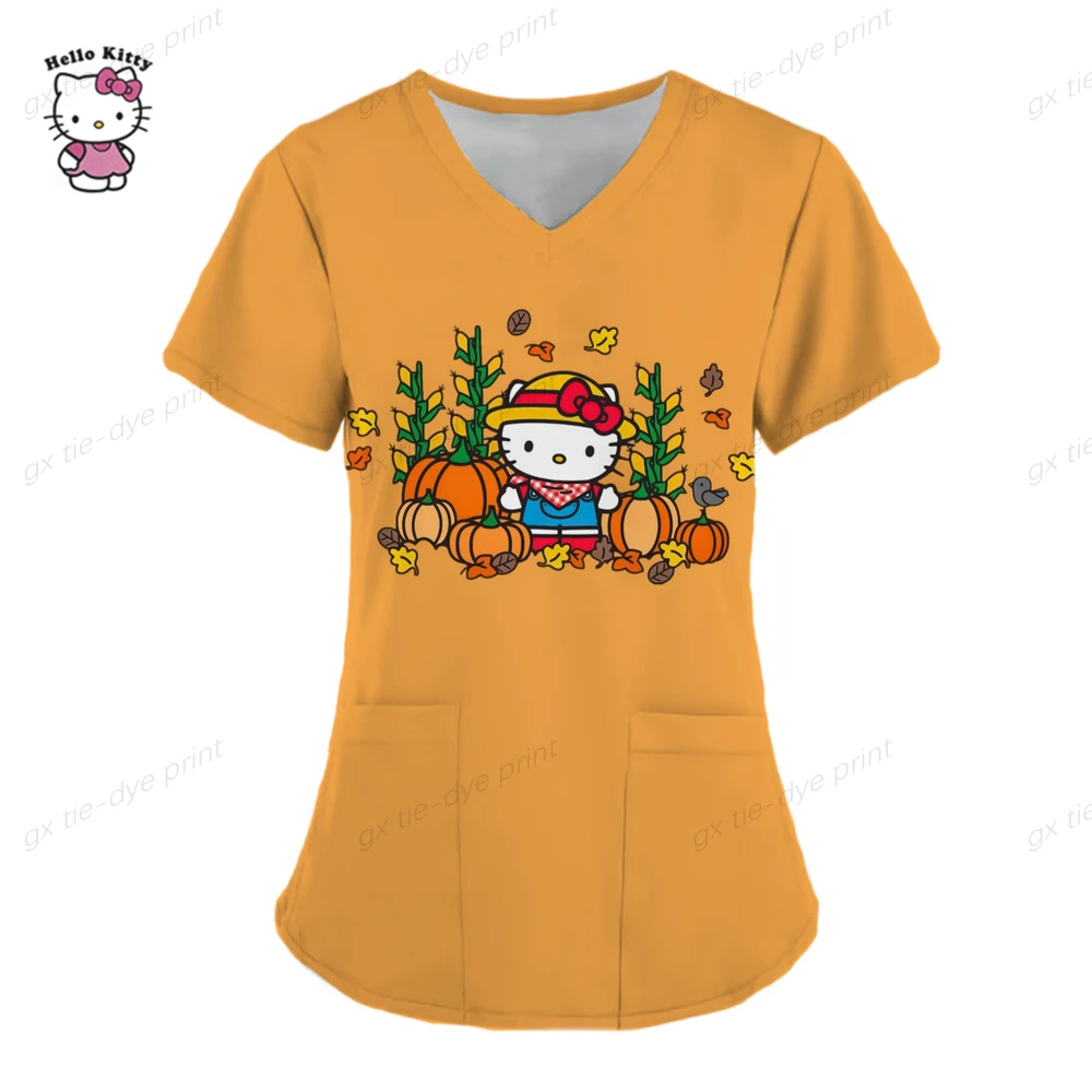 thumbnail image 1 of Uniforme de Hello Kitty para mujer, camisa de trabajo de enfermera con estampado de dibujos animados de Hello Kitty, bata con bolsillo, uniforme de enfermería para Navidad, 1 of 5