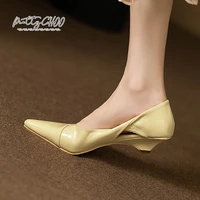 Brand Design Hollow Out Folded Heel Shoes Woman Soft Leatherette Point Toe Dress Shoes Ladies Comfort Office Zapatos in Blue 1