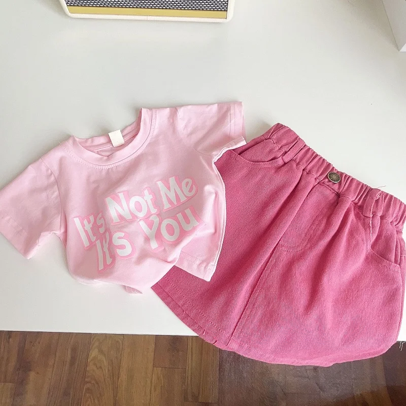 

Girls' suit 2023 Summer New Girls clothes Pink Letter Short Sleeve T-shirt Top+Fashion Denim Skirt two-piece set children's wear