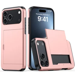 Premium Heavy - Duty Phone Case with Wallet Card Holder and Slide Hard Protective Cover - iPhone 15 Plus (Rose gold)