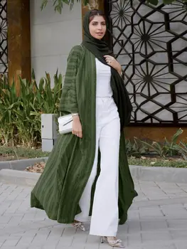 New Fashion Muslim Kimono Abaya Solid Striped Retro Ethnic Cardigan 1