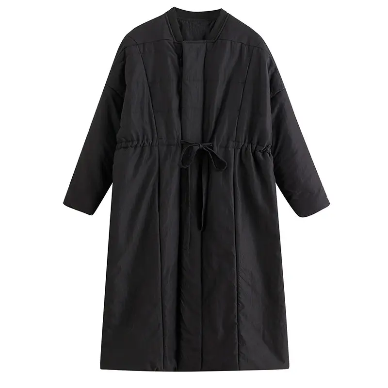 Solid Cotton Padded Long Jacket Winter Windbreaker Large Size Women\'s Lace Up Fashion Quilted Clothes Trend Parka Coats T173