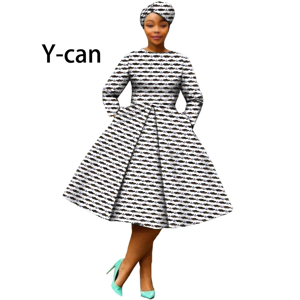 African Print Dresses for Women Bazin Riche Long Sleeve Draped Skirt with Pockets Match Headwrap Vintage Party Vestidos A7225111