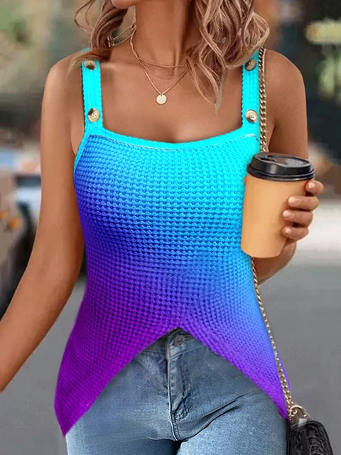 Gradient Button Slit Waffle Camisole 2023 Women New Elegant Sexy Comfy  Summer Casual Fashion Commuter Vacation Sleeveless Tops - AliExpress