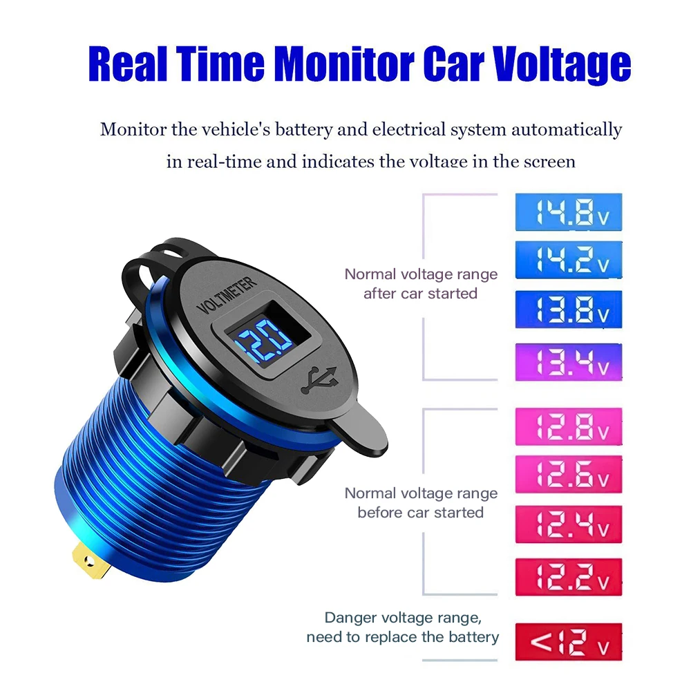 EARU Quick Charger Aluminum QC3.0 Dual USB Car Charger with Switch Button LED Voltage Display for 12V/24V Cars Boats Motorcycle - Image 5