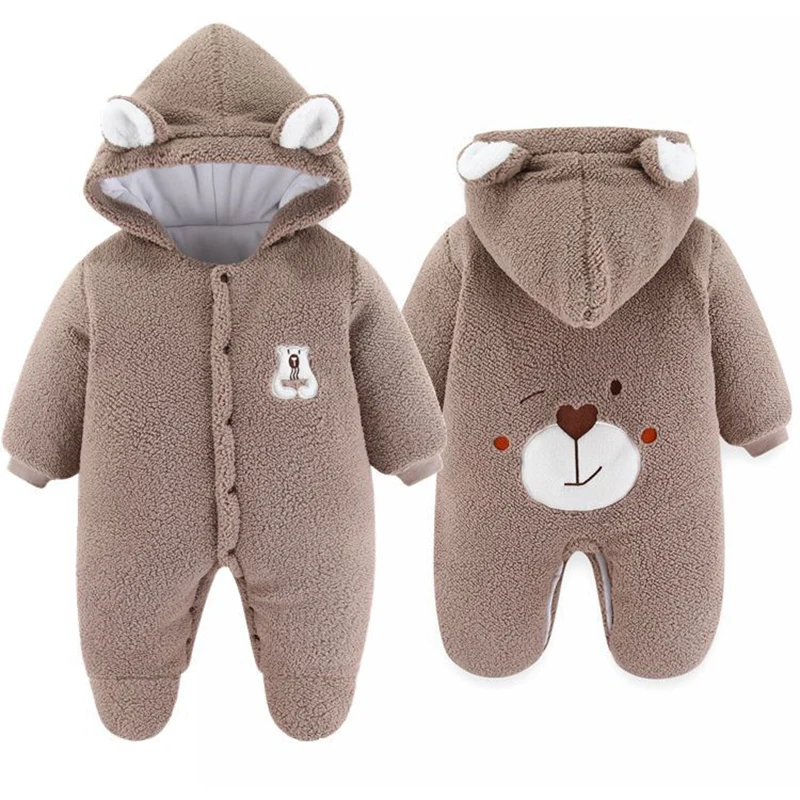 Cute Plush Bear Baby Boy Romper Infant Girl Overall Jumpsuit Autumn Winter Warm Fleece Hooded Baby Rompers Newborn Clothes 0-12M baby clothes baby sleepsuit bear hooded jumpsuit
