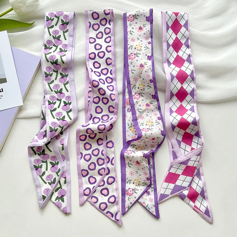 Fashion Skinny Silk Scarf for Women Floral Hair Ribbons Headbands Bandana Female Bag Wrist Wrap Neckerchief Foulard Neck Ties 1