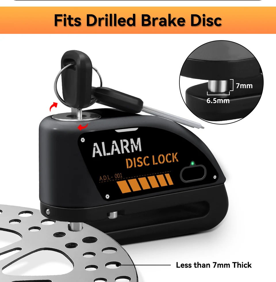 Rechargeable Waterproof 120dB Loud Motorcycle Anti-Theft Alarm Disc Brake Lock